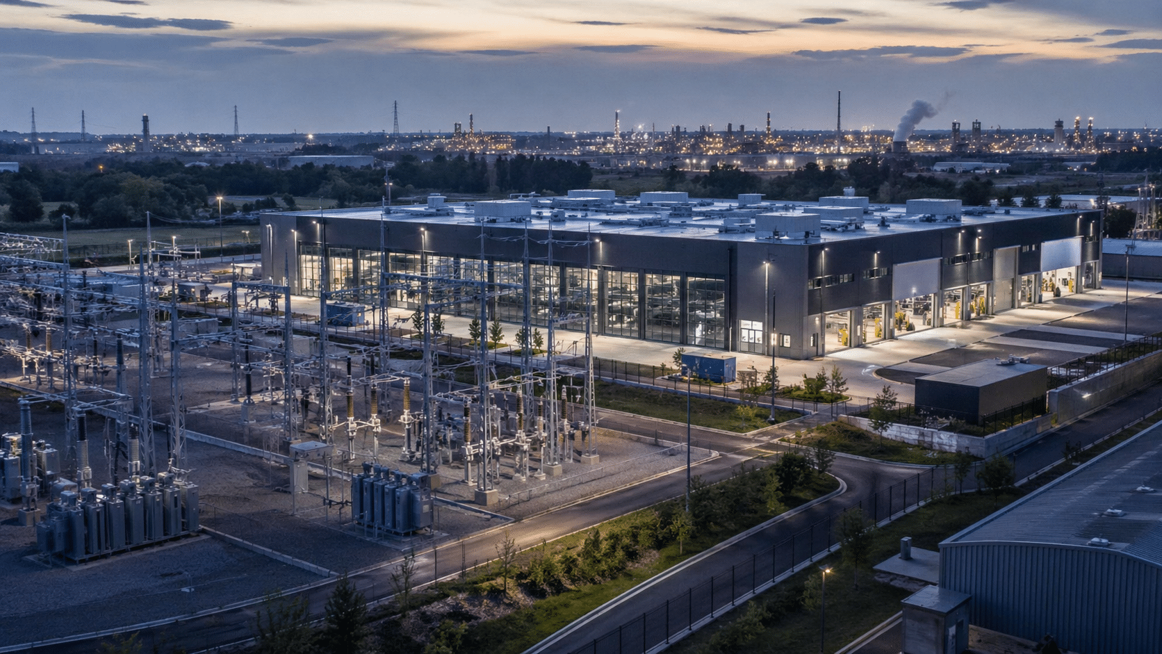Industrial complex at dusk with power grid
