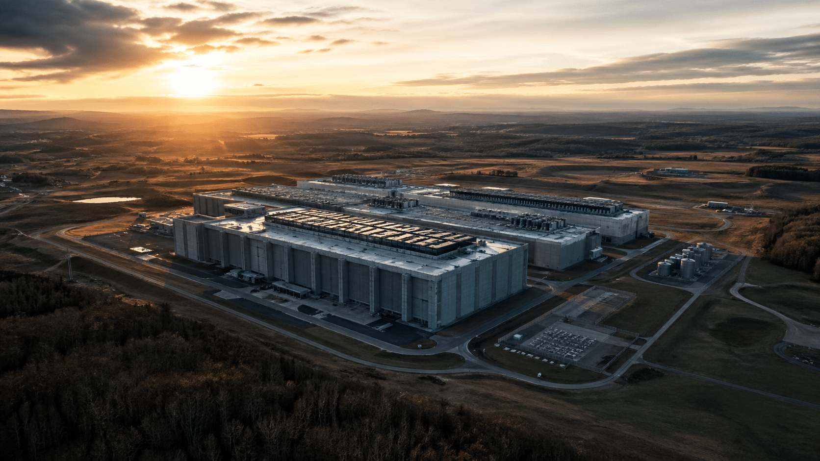 Industrial complex at sunset horizon