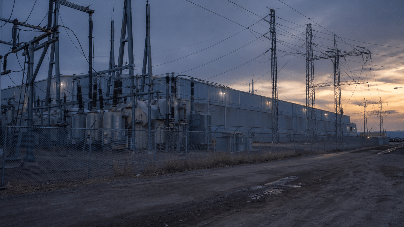 Industrial twilight under crisscrossing power lines