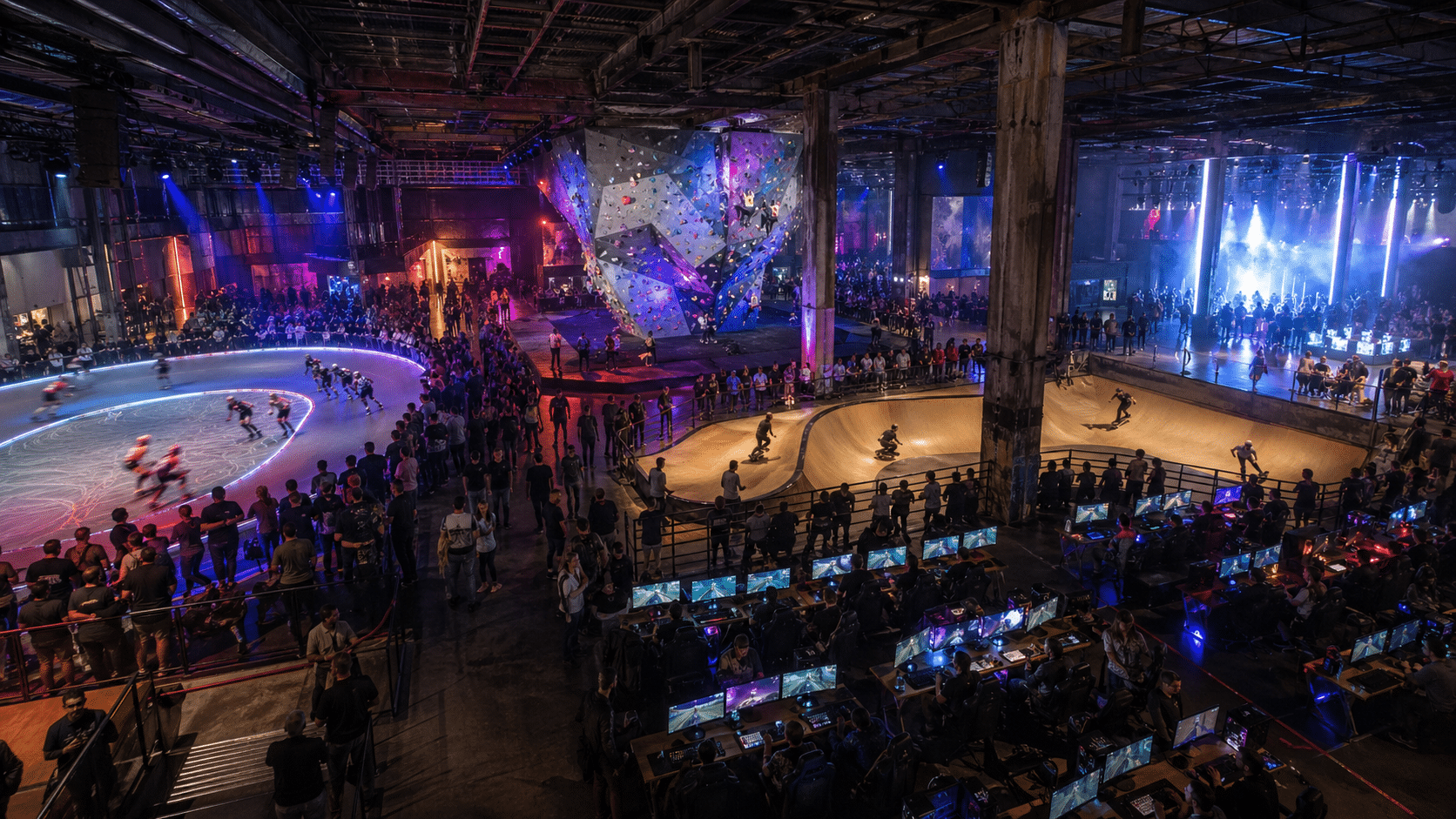 Neon-lit industrial entertainment arena