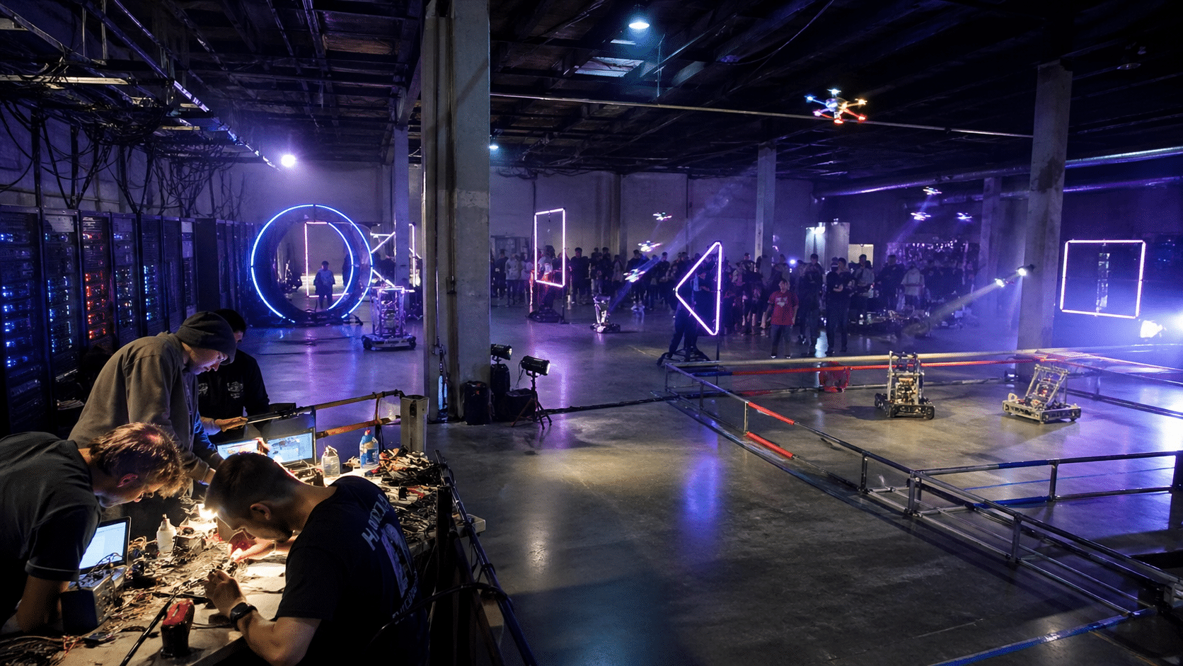 Tech arena with neon lights and robotics